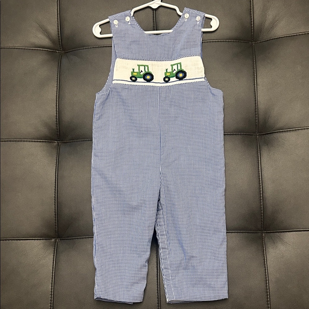 Blue Gingham Kids Overalls with Tractor Embroidery